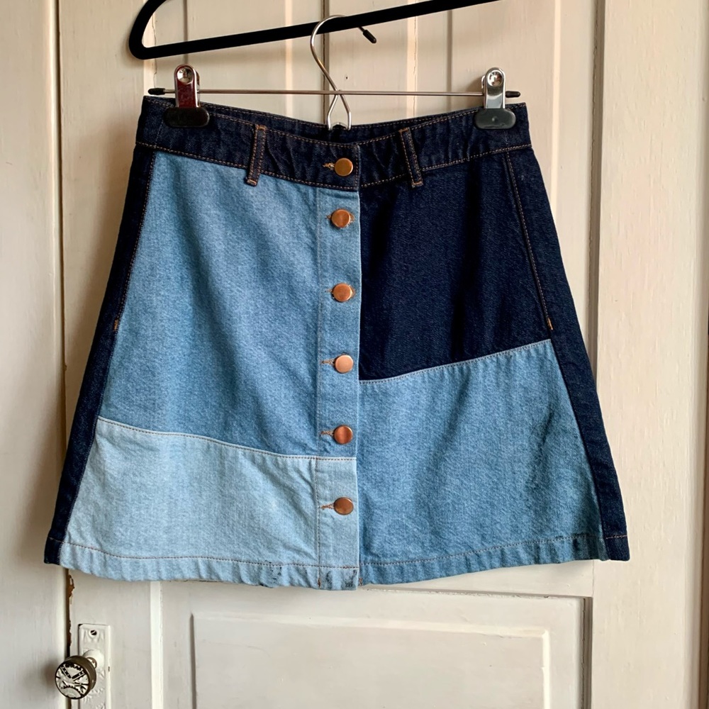 Denim patchwork jean skirt button front